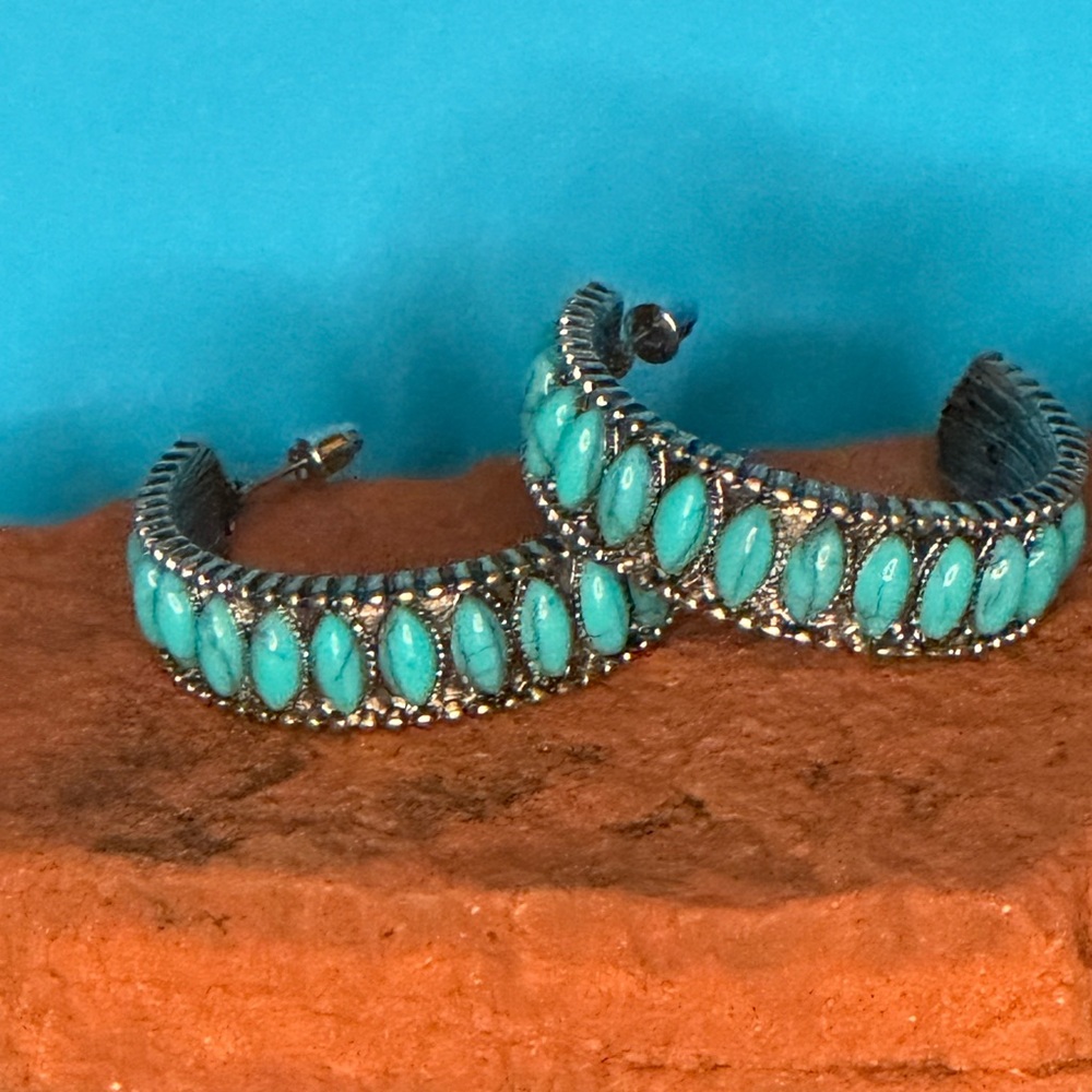 NEW Vintage Turquoise and Stainless-Steel Hoop Earrings